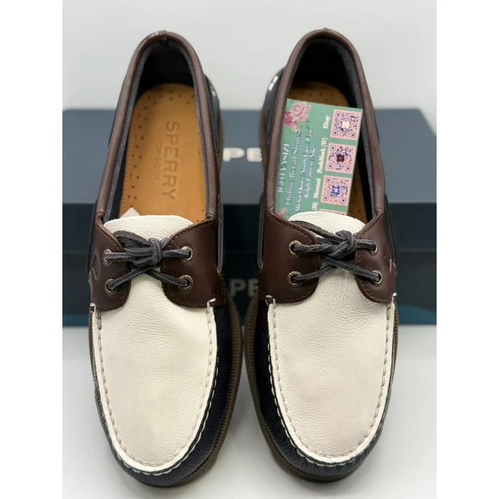 Sperry Top-Sider AO 2-Eye Boat Shoes Navy White Brown Leather NWT Sz 10‎